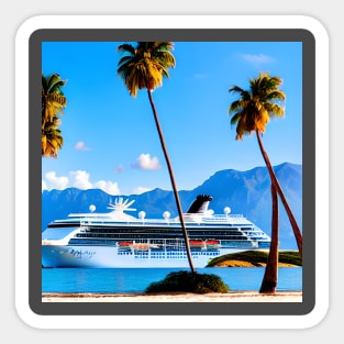 A Cruise Ship Sailing Past A Tropical Island With Mountains In The Background Sticker